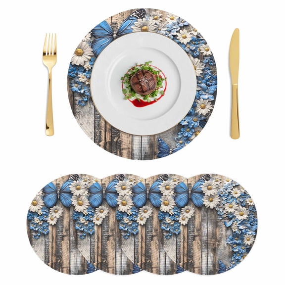 Blue White Daisy Round 15 Inch Placemats Set of 4, Vintage Pastoral Butterfly Rustic Wood HeatResistant Non Slip Place Mats for Dining Table, Wipeable Braided Kitchen Table Mats for Housewarming