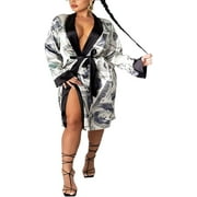 EYIIYE Women's Satin Robe, Trendy Dollar Print Long Sleeve Silky Kimono Bathrobe Sleepwear with Belt