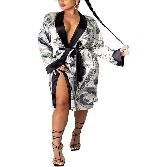 EYIIYE Robe en Satin pour Femmes, Imprimé Dollar Tendance Kimono Soyeux à Manches Longues avec Ceinture