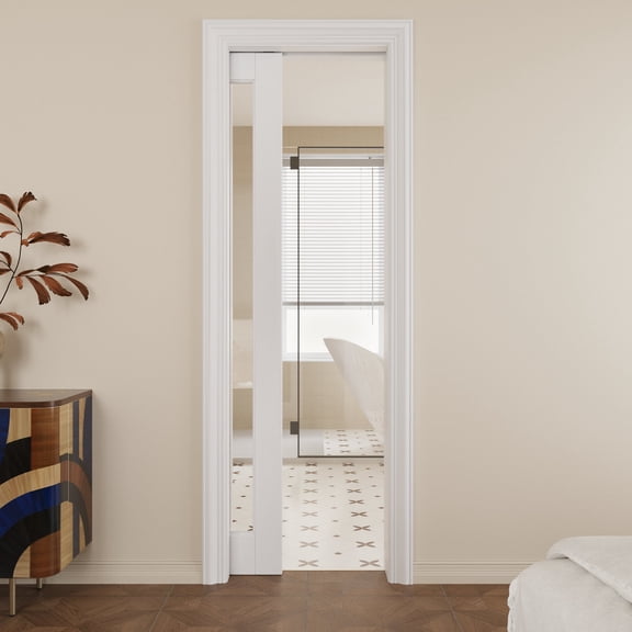 24" x 80" 1 Panel Clear Glass Pocket Door with Soft Close, Solid Door Panel & Pocket Door Hardware & Frame, Bathroom Door, Bedroom Door, Pre-finished & Paintable, White