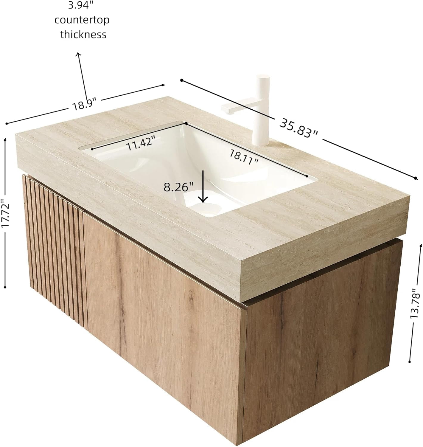 36" Bathroom Vanity with Sink, Wall Mounted with Drawer and Door, Roma Travertine-Pattern Countertop and Ceramic Basin, Pre-Assembled Cabinet