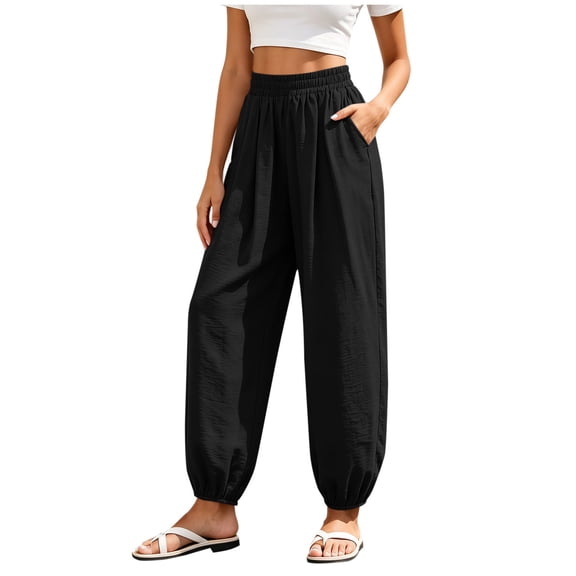 Qingpeng Womens Elastic High Waisted Jogger Pants Lightweight Solid Color Harem Pants Sweatpants with Pockets