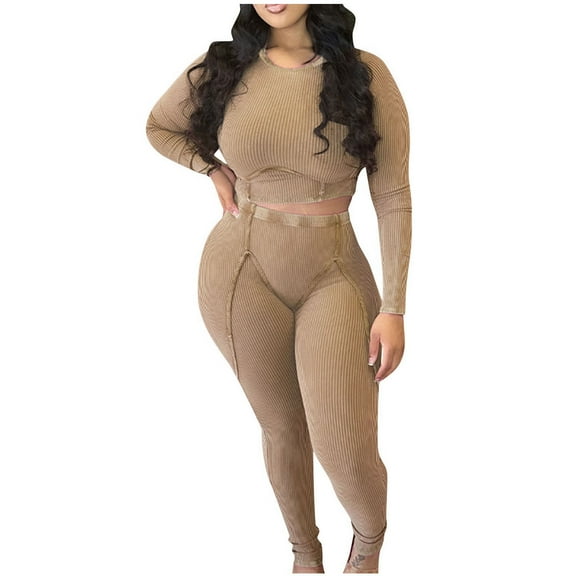 DailyTrove Women's Plus Size Long Sleeve Tracksuit - Solid Color, Slim , Spring & Casual Street Wear,Beige