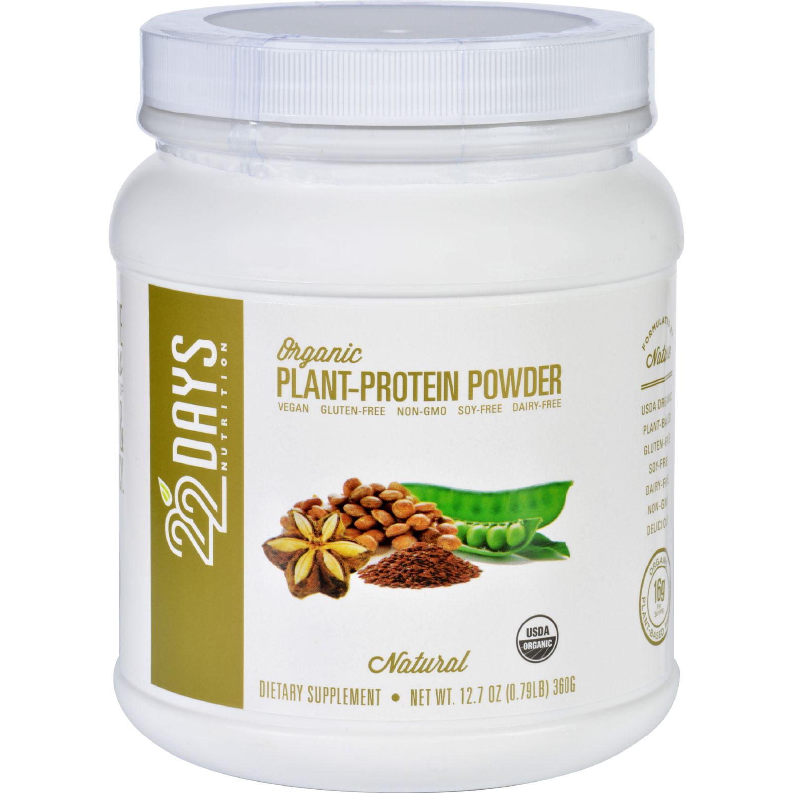 22 Days Nutrition Plant Protein Powder Organic Natural 12.7 oz