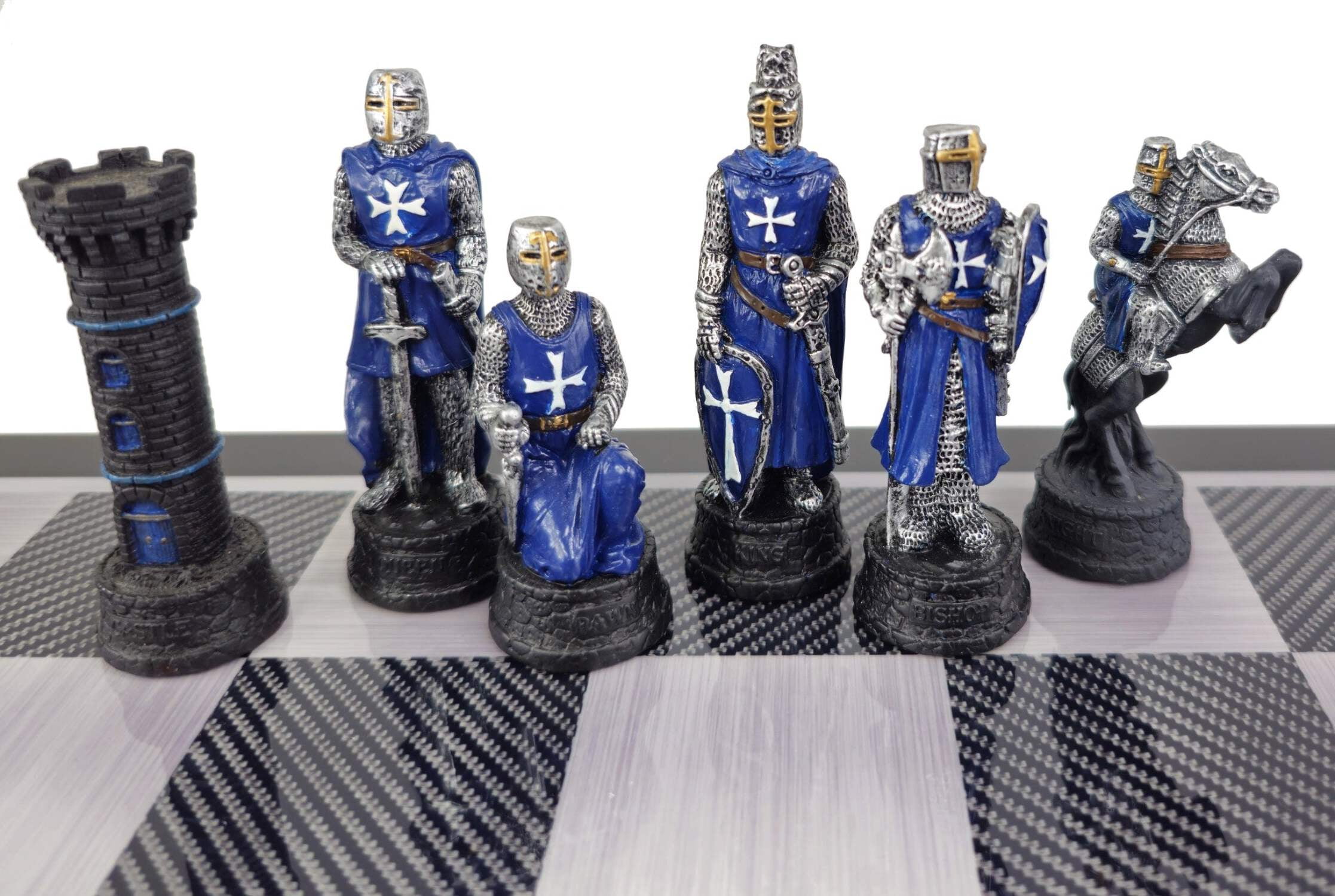Medieval Times Crusade Blue White Maltese Cross Chess Set Carbon Fiber Color Bd