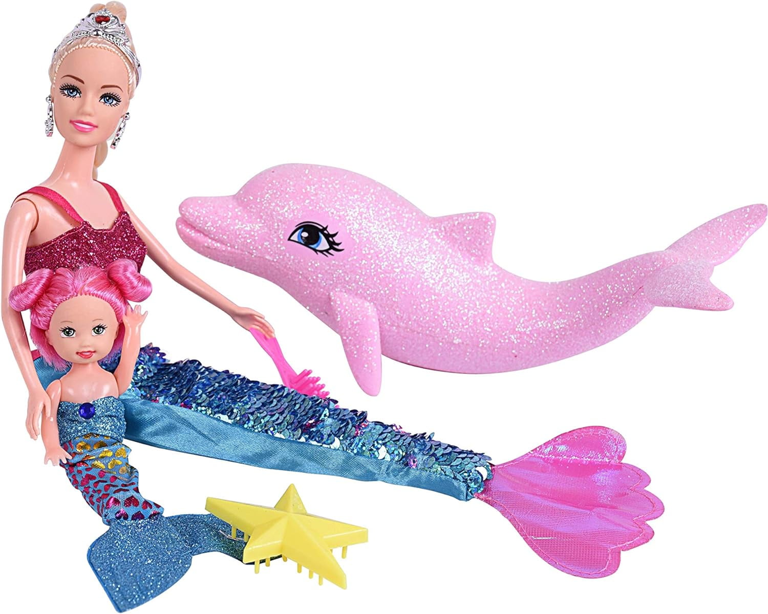 Yellow River Mermaid Princess Doll Set with Doll Clothes and Dolphin, Pink