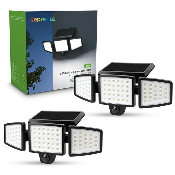 Lepro 2-Packs Solar Flood Lights for Outside, 6500K Outdoor Motion Activated Security Lights , IP65 Waterproof , 3 Adjustable Heads 270° Wide Lighting Angle for Front Door, Backyard, Patio, Garden
