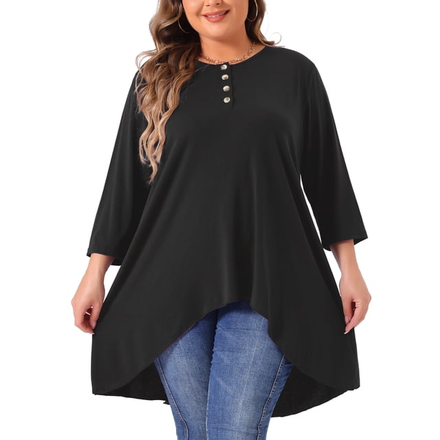 Blusa de Talla Grande GRACE & GRANDEUR para Mujeres, Manga 3/4, Botones, Cuello Redondo, Corte Alto-Bajo, Ajuste Suelto, Camiseta Casual 3X Negra