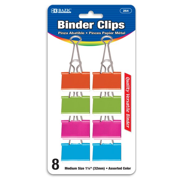 Bazic Pince pour Reliure Moyenne 1 1/4 Pouces" (32 mm) Couleurs Assorties (8/paquet) (264)