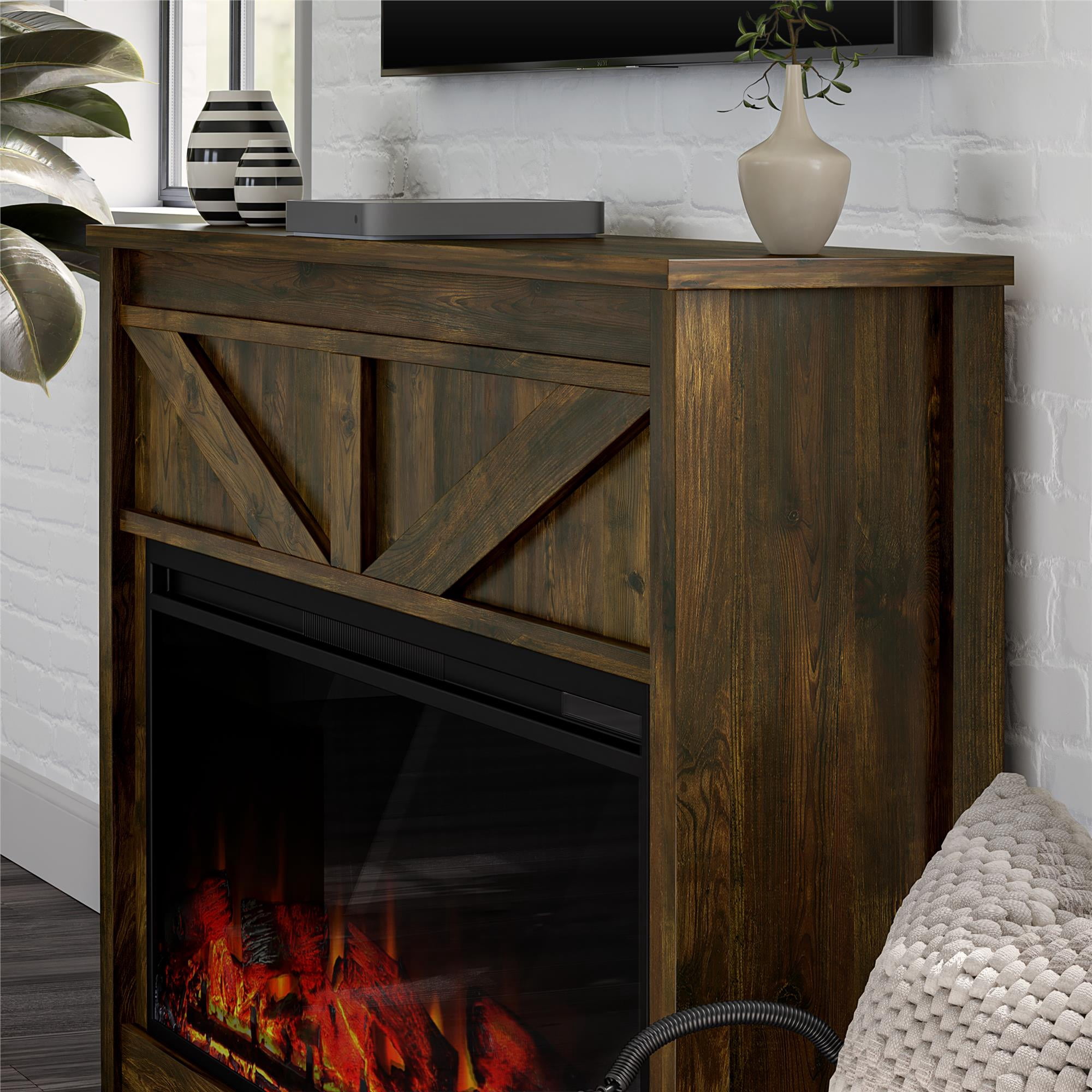 Woven Paths Scandi Farmhouse Wide Modern Farmhouse Mantel with Electric Fireplace, Rustic