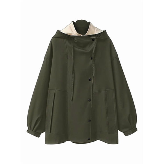 Female'S Hooded Trench Coat Lapel Button Down Jacket Color Block Mid-Length Windbreaker Green L