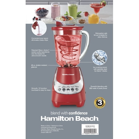 Hamilton Beach Wave Action Quiet Blender, 48 oz. Glass Jar, 12 Blending Functions, Red, MISSING CONTAINER