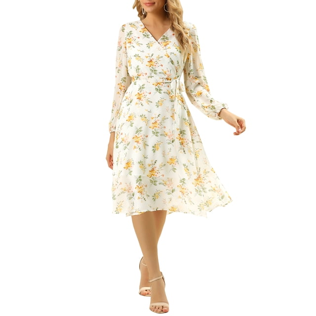 Unique Bargains Robe Portefeuille Bohème Florale Col en V Manches Évêque sous le Guen