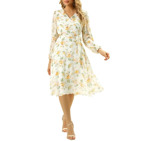 INSPIRE CHIC Women's Boho Floral V Neck Bishop Sleeve Below The Keen Wrap Dress XS White