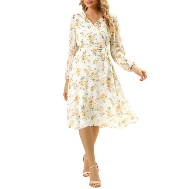 INSPIRE CHIC Vestido envolvente de manga obispo con cuello en V de flores bohemias para mujer XL blanco