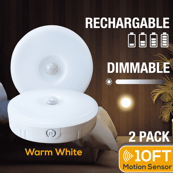 Motion Sensor LED Under-Cabinet Lights, Dimmable, Rechargeable, Wireless, Warm White (2 Pack)