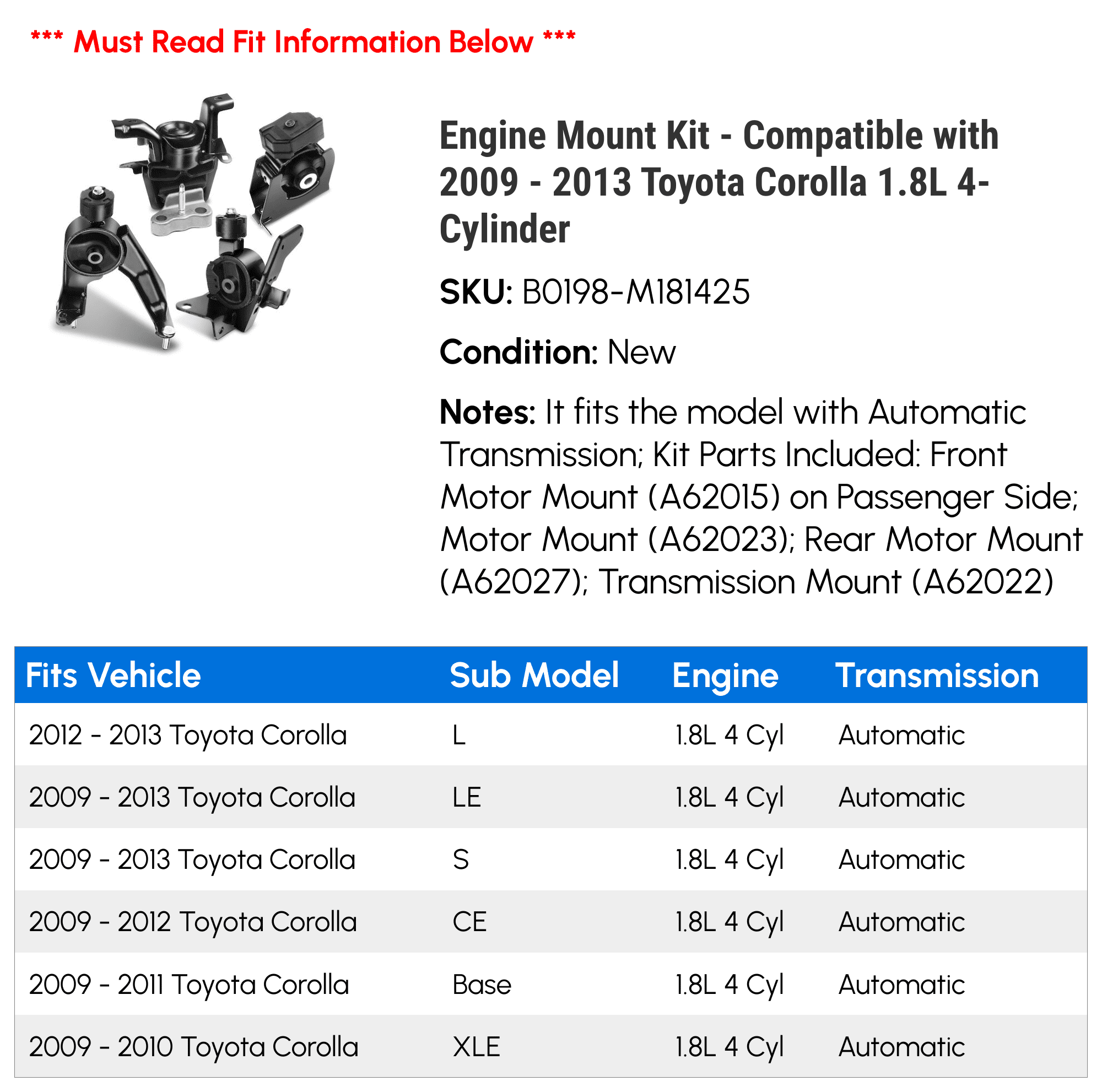 Engine Mount Kit - Compatible with 2009 - 2013 Toyota Corolla 1.8L 4-Cylinder - Autopart Premium