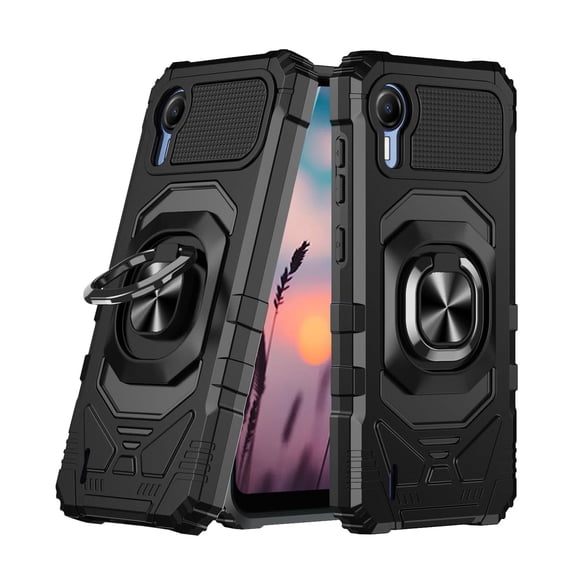 TJS for Cricket Debut S2 / AT&T Calypso 4 Phone Case, [Military Grade] Robotic Magnetic Support Car Mount Metal Ring Holder Kickstand Cover (Black)