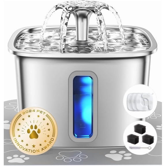 Veken Stainless Steel 108oz/3.2L Cat Water Fountain, Quiet Automatic Dispenser with Replacement Filters for Dogs, Pets in an Apartment, Fresh Water, Silver