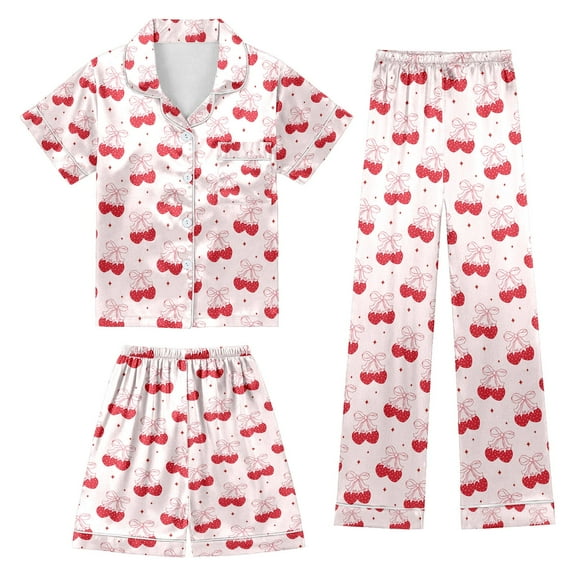 CAIXIA Girls Pajama Sets Size 10-12 3pcs Cotton Summer Silk Pajamas Short Sleeve with Shorts & Long Pants Comfort Sleepwear Lounge for Kids Pjs Clothes,85-Pink