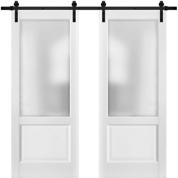 Sliding Double Barn Doors with Hardware | Lucia 22 White Silk with Frosted Opaque Glass | 13FT Rail Sturdy Set |Interior Door-36" x 96" (2* 18x96)-Black Rail-Frosted Glass