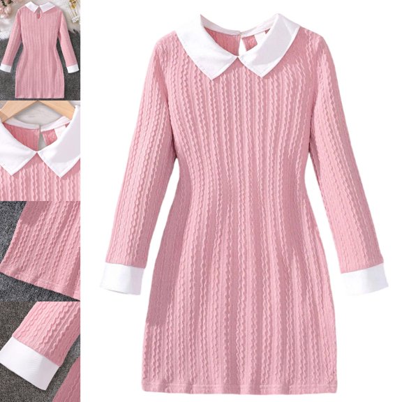 Bmisegm Girls Dress Notched Collar Long Sleeve Contrast A Line Dress Back Button Closure Casual Dresses for Girls 9-10 Years