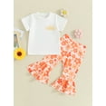 thumbnail image 2 of FEORJGP Kids Girls Summer 2 Piece Outfits 6M 1T 2T 3T 4T 5T Toddler Round Neck T-shirt Short Sleeve Shirt Back Letter Print Tops + Elastic Waist Flower Flare Pants Set Infant Loose Casual Cute Clothes, 2 of 9