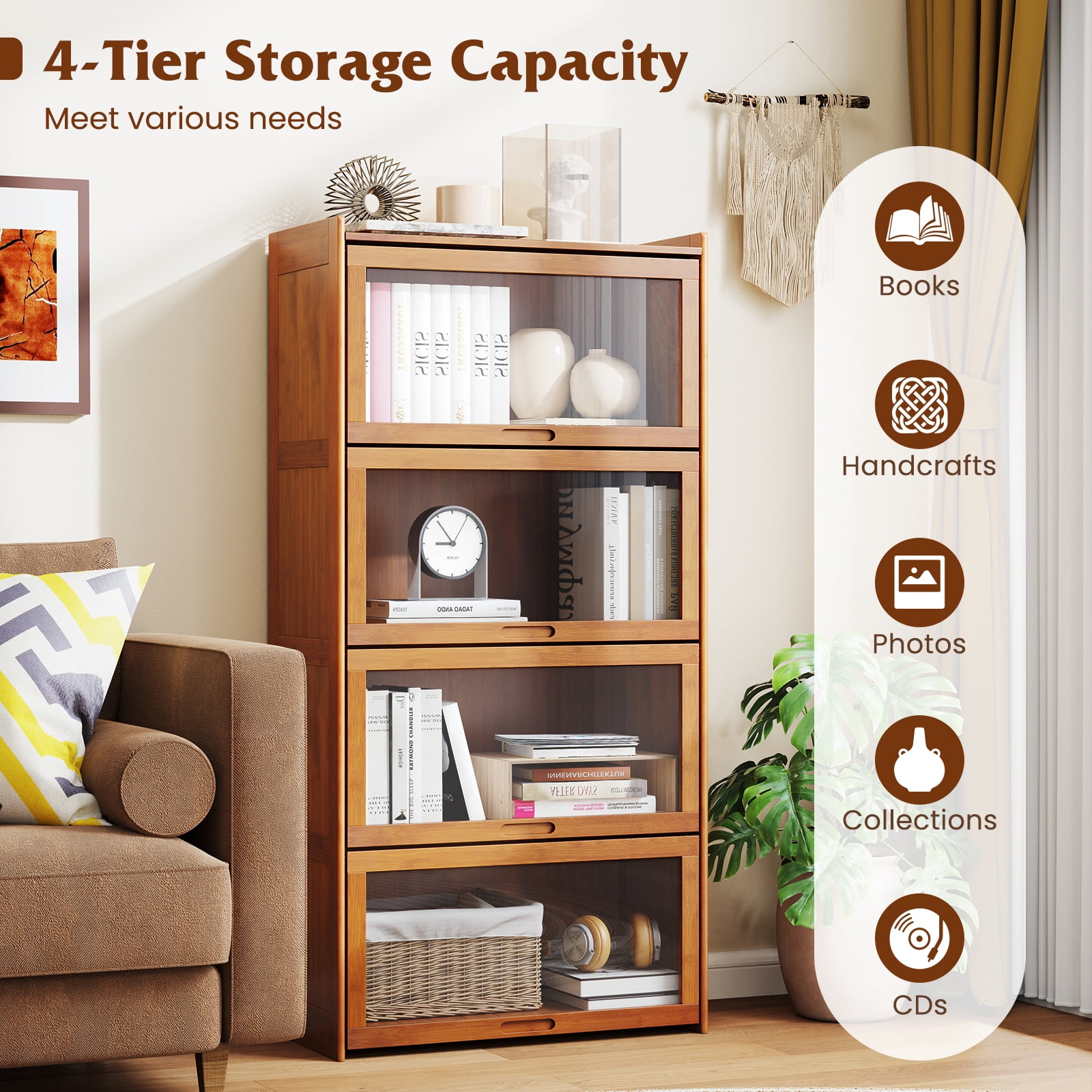 Gymax 4-Tier Bamboo Bookshelf w/Doors See-through Acrylic Doors Freestanding Bookcase Brown