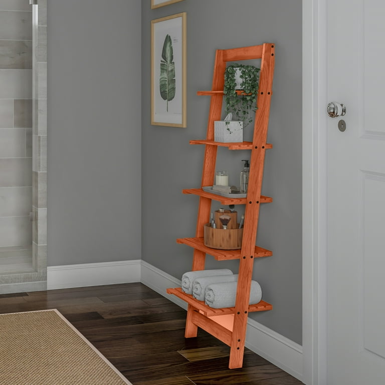 Lavish Home Cherry Finish 5-Tier Slatted Wood Leaning Ladder Shelf