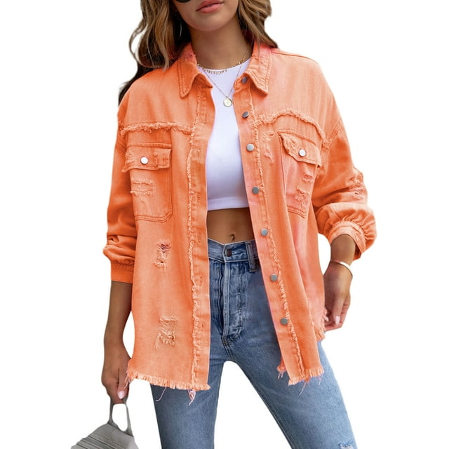 Gupgi Women Denim Jackets Ripped Distressed Coat Solid Color Long Sleeve Button Down Boyfriend Jean Coat