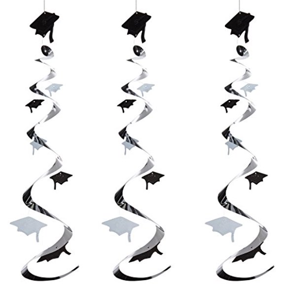 Beistle Grad Cap Twirly Decoration 30" Graduation Plastic Hanging Whirls, 3 CT, Black White