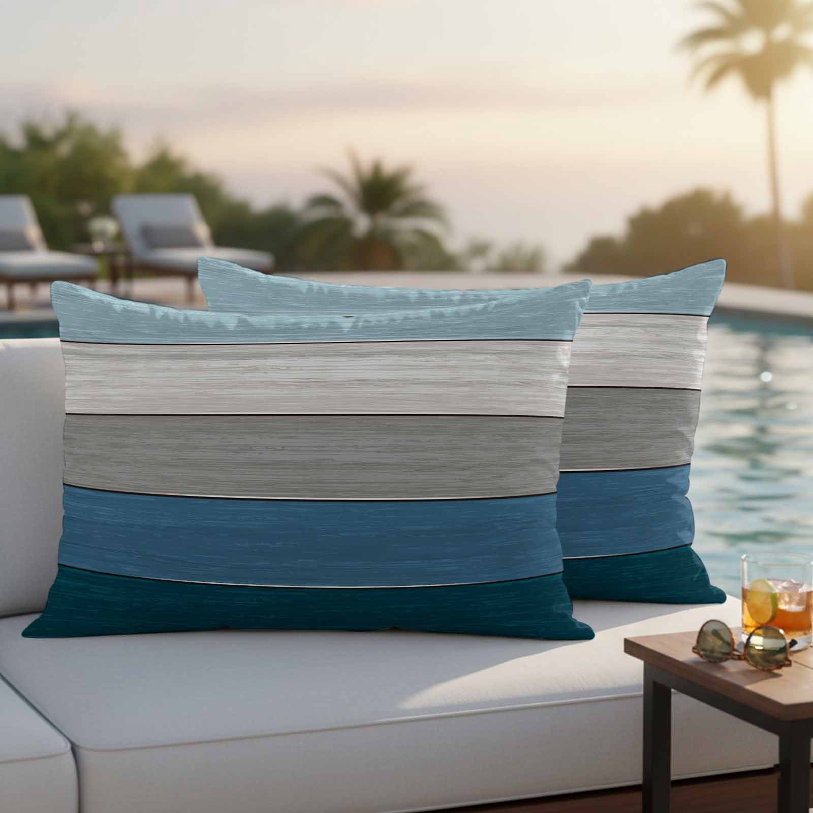 Blue Ombre Wooden Outdoor Waterproof Pillow Covers, Farmhouse Retro Wood Gradient Decorative Rectangle Throw Pillowcase Sofa Cushion Sham for Patio/Couch/Chair, 20"x12" 2 Pack