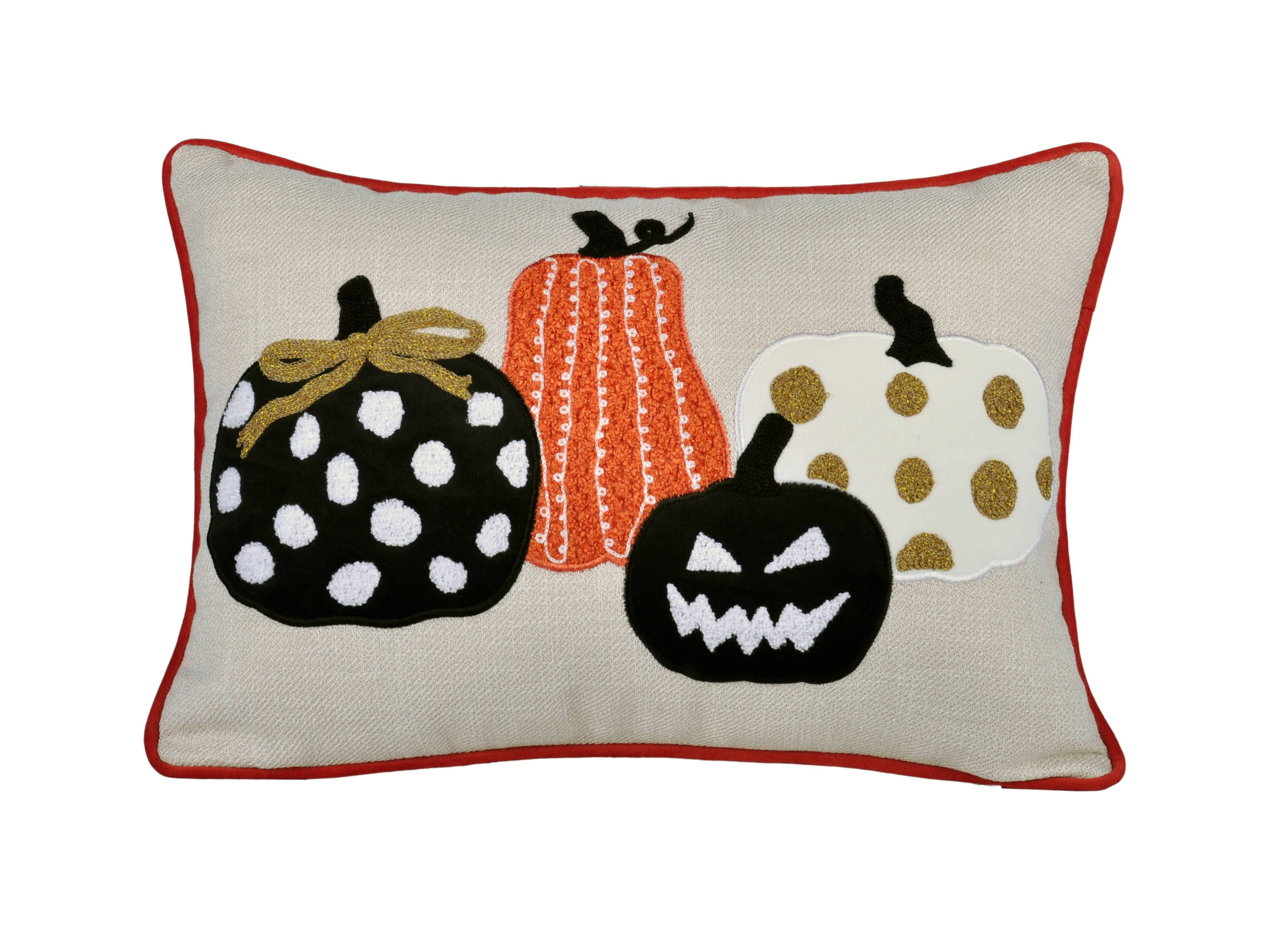 Whimsical Embroidered Pumpkin Throw Pillow 14x20 Inch Linen-Blend with Red Piping for Sofa Bed Halloween Decor
