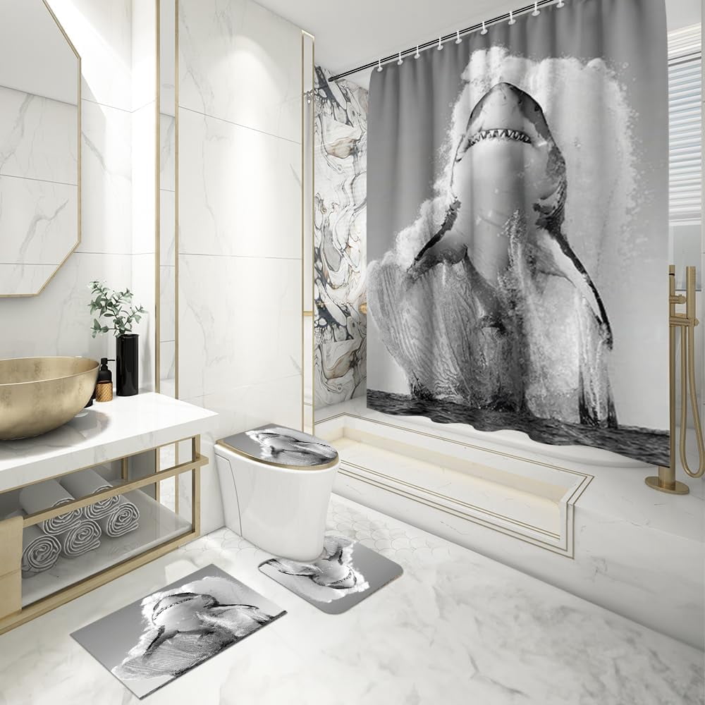4PCS Vintage Bigfoot Sasquatch Shower Curtain Sets,Funny Animal Bathroom Sets with Non-Slip Rugs,Toilet Lid Cover,Bath Mat,Shower Curtain with 12 Hooks Farmhouse Bathroom Sets Decor