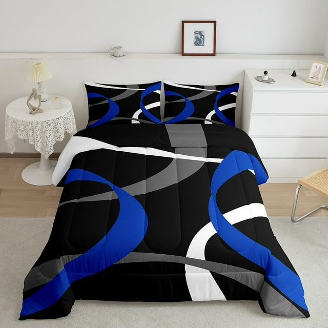 Erosebridal Ensembles de Couette à Rayures Bleues Format Double, Couettes et Duvets Abstraits, Décor Géométrique Moderne, Réversible 3 Pcs