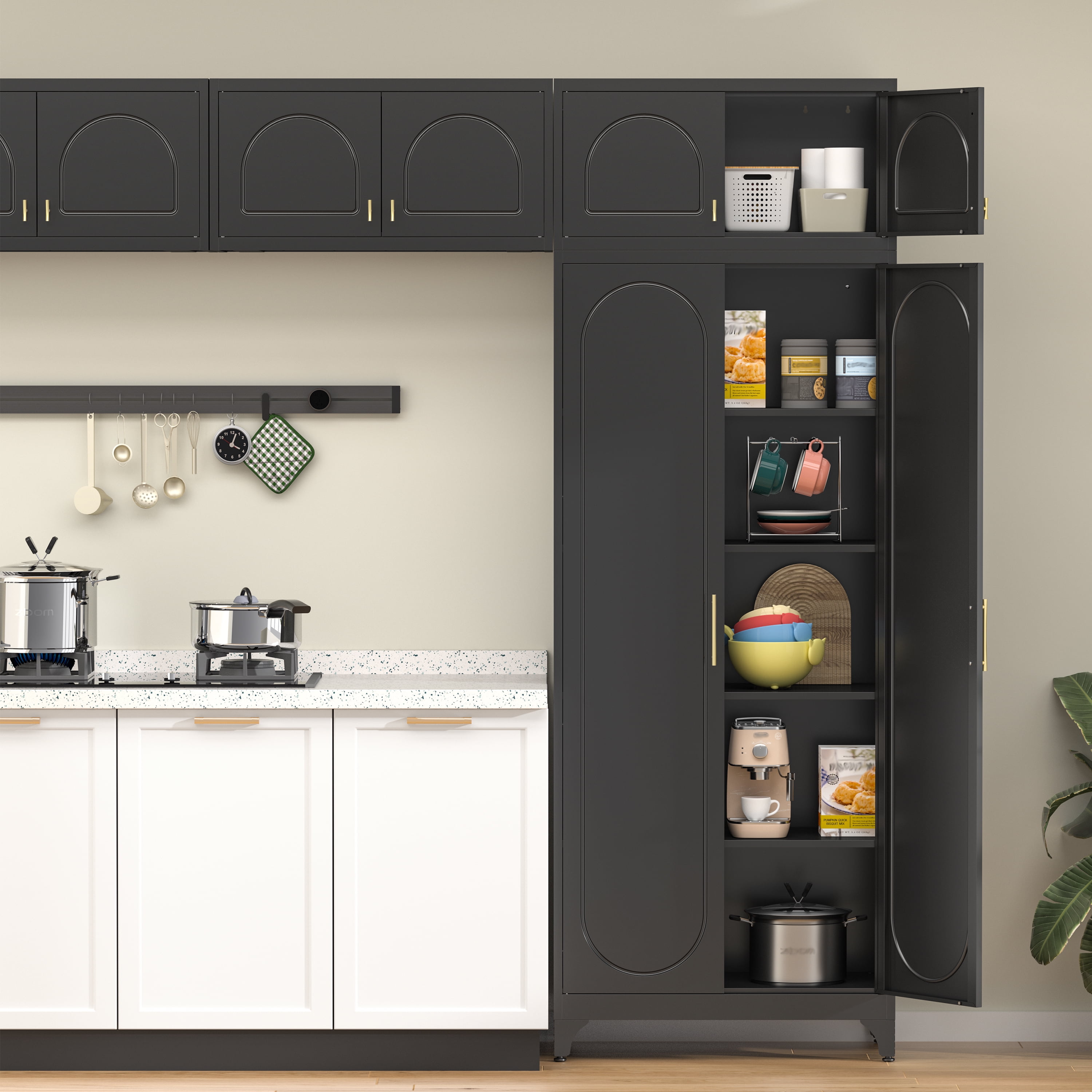 Polup 90" Height Modern Metal Pantry Storage Cabinet with Doors and Adjustable Shelves Black for Living Room Kitchen and Home