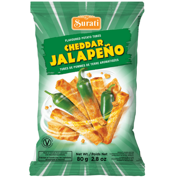 Tubes de cheddar et jalapeño Surati, 80g Tubes de pommes de terre croustillants et savoureux, débordant de cheddar et de jalapeño. Parfaitement assaisonnés pour une expérience savoureuse et épicée. Convient aux végétariens et fabriqué au Canada.