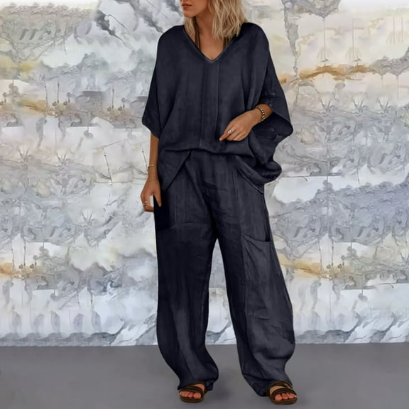 Women's Solid Color Casual V Neck Pant Suit With Loose Pockets And Mid Sleeve Pants Apparatus Jumpsuit Woman Jumpsuit & Romper Elegant Mint Suit for Women Womens Pant Suit plus Size Misses Business