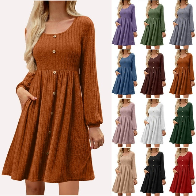 Robes d'Automne à Manches Longues pour Femmes avec Poches, Col en V, Boutons, Décontractées, Robe Chandail en Tricot Badydoll 2025 Ndbuld, Brun, m