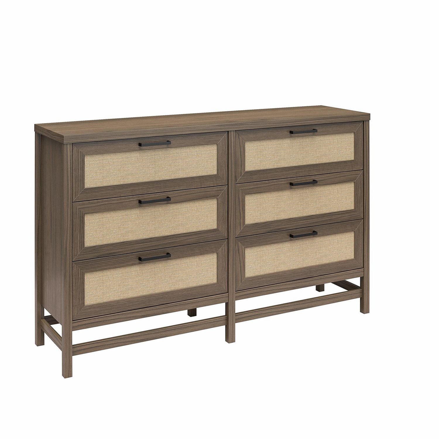 Lennon 6 Drawer Dresser, Medium Brown and Faux Rattan