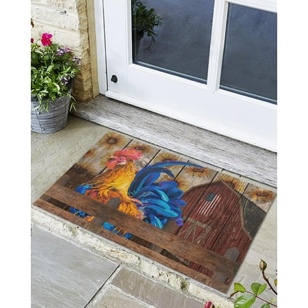 

Indoor Outdoor Mats Chicken and Barn on Wood Board Texture Door Mat Non-Slip Absorbent Resist Dirt Entrance Mat Washable Welcome Mats for Entryway Low-Profile Floor Mats