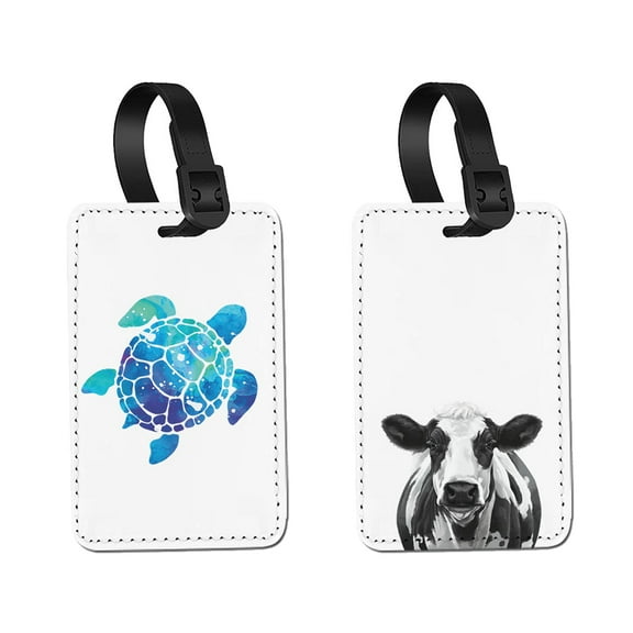 WIRESTER 2pcs Set PU Leather Luggage Tags Privacy Label Flap for Travel Suitcase Baggage - Blue Sea Turtle, Black Spot Cow