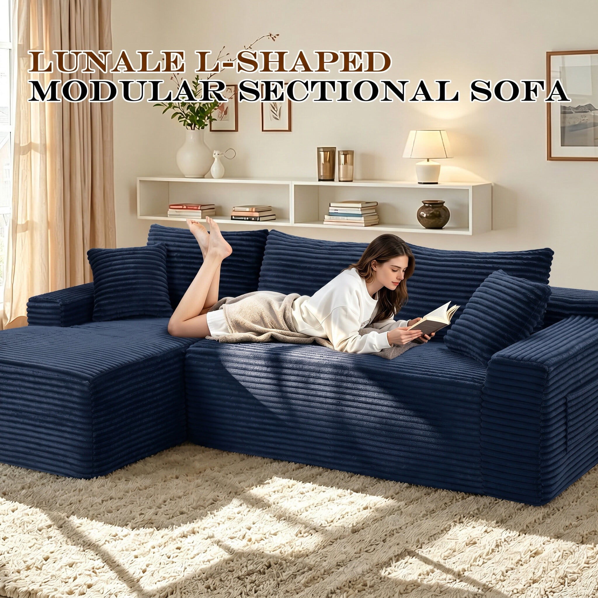 Lunale Small Modular Sectional Sofa with Movable Chaise, L-Shaped Boneless Cloud Couch for Living Room, Blue (Left Facing Chaise)