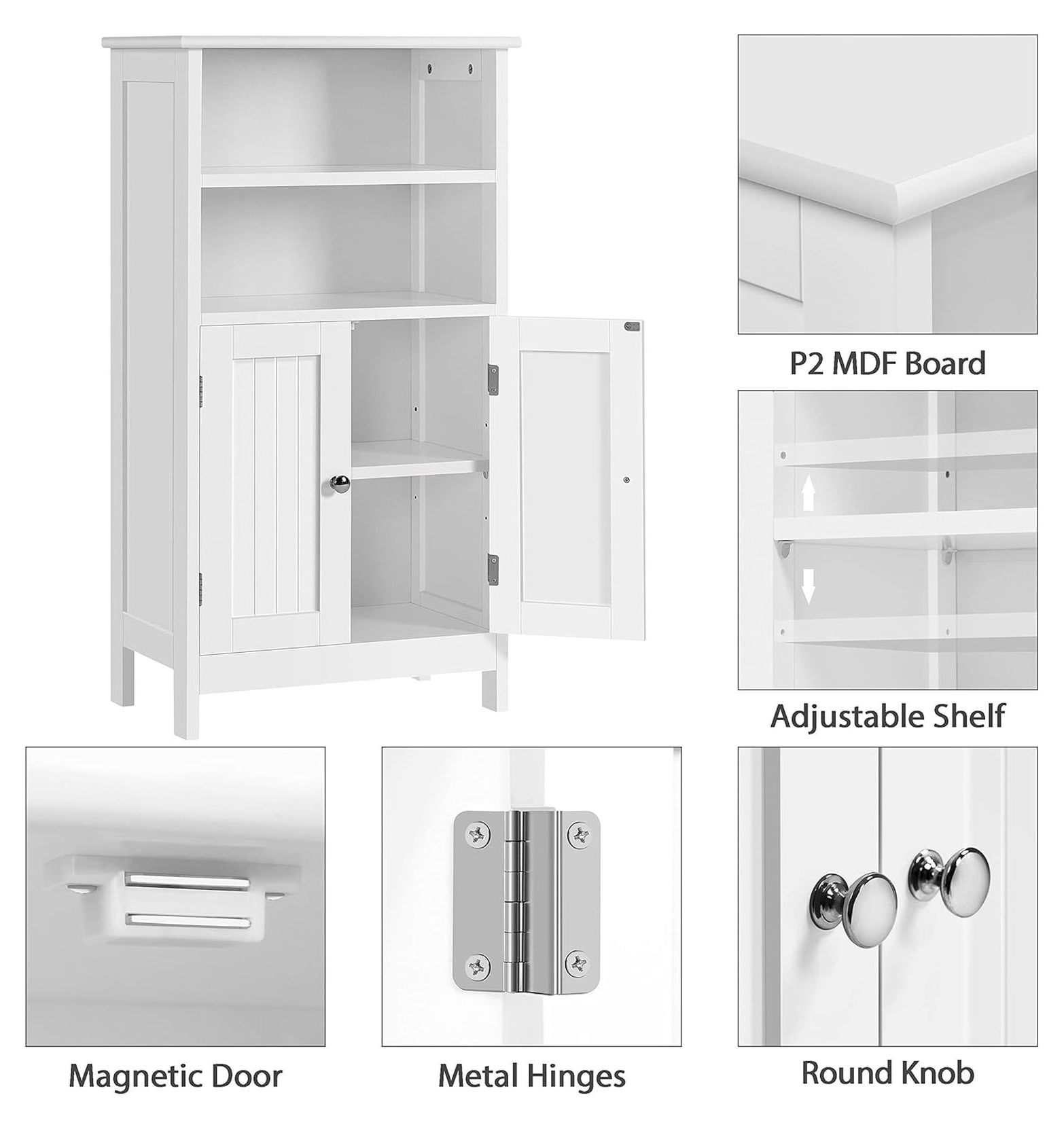 Bathroom Floor Storage Cabinet with 2 Doors and Adjustable Shelf, Side Storage Organizer for Living Room/Hallway, White