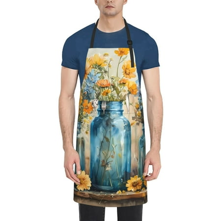 

Qekee Rustic Blue Vase Blossoms Print Waterproof Apron with Pockets Adjustable Cooking Aprons Kitchen Bib for Baking Household Cleaning