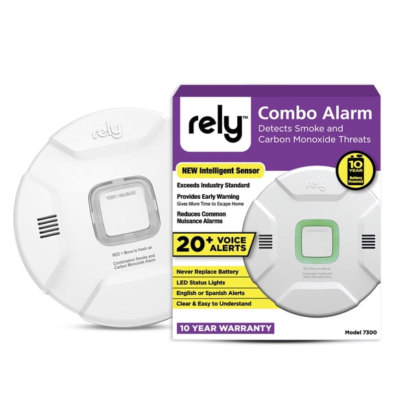 Rely RealAlerts 10-Year Battery Combination Smoke and Carbon Monoxide Alarm with Voice Alerts and LED Warning, 1 Pack