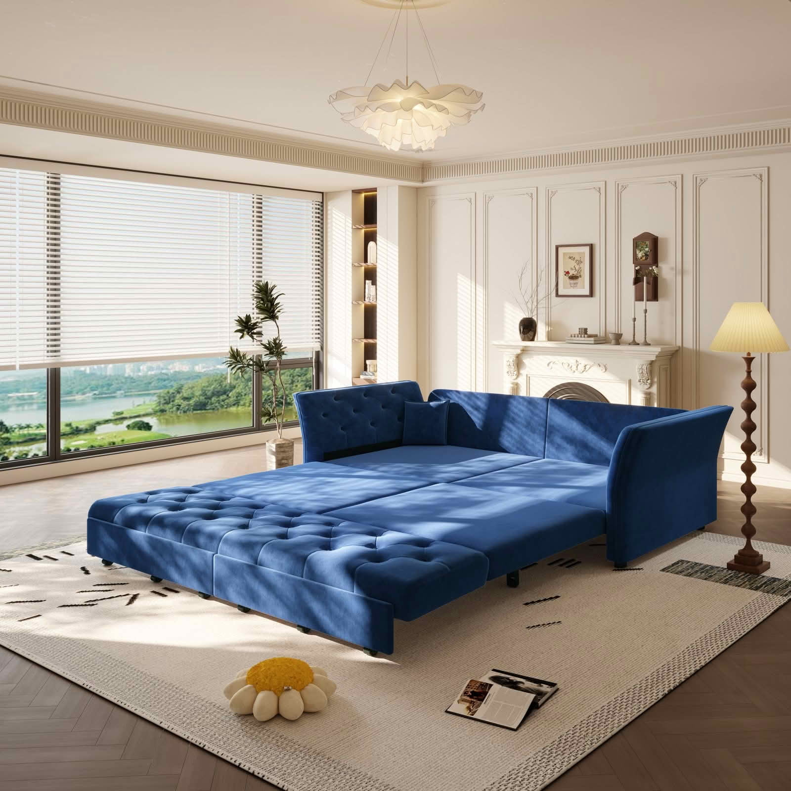MAYEERTY 74.4" Queen Pull‑Out Velvet Sofa Bed, Convertible Loveseat Sleeper with Handmade Flower Tufting, 2 Pillows Included for Living Room, Bedroom and Apartment