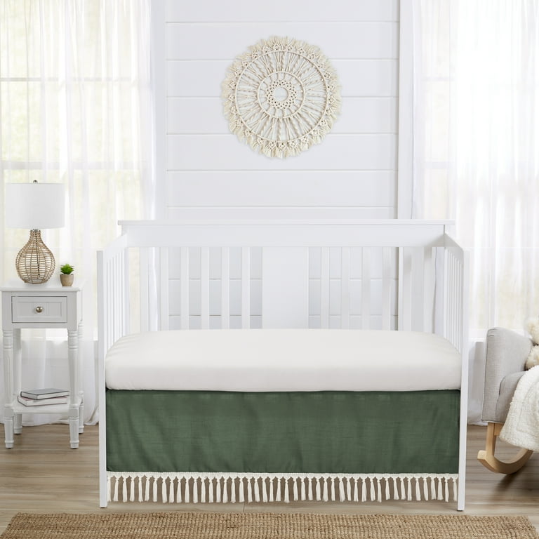 Boho Fringe Dark Green and Ivory Dust Ruffle Crib Skirt Girl Boy