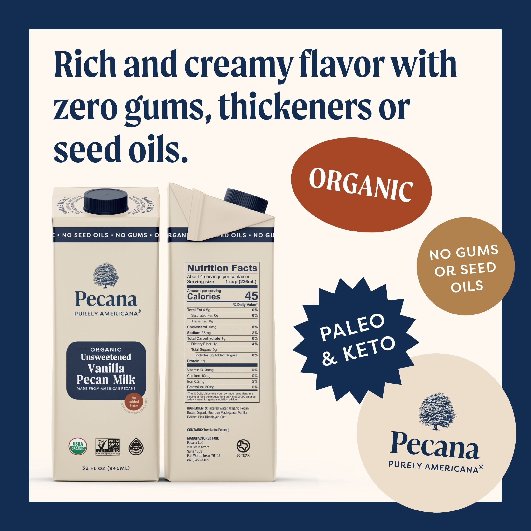 Pecana USDA Organic Unsweetened Vanilla Pecan Milk, 32 fl oz Carton