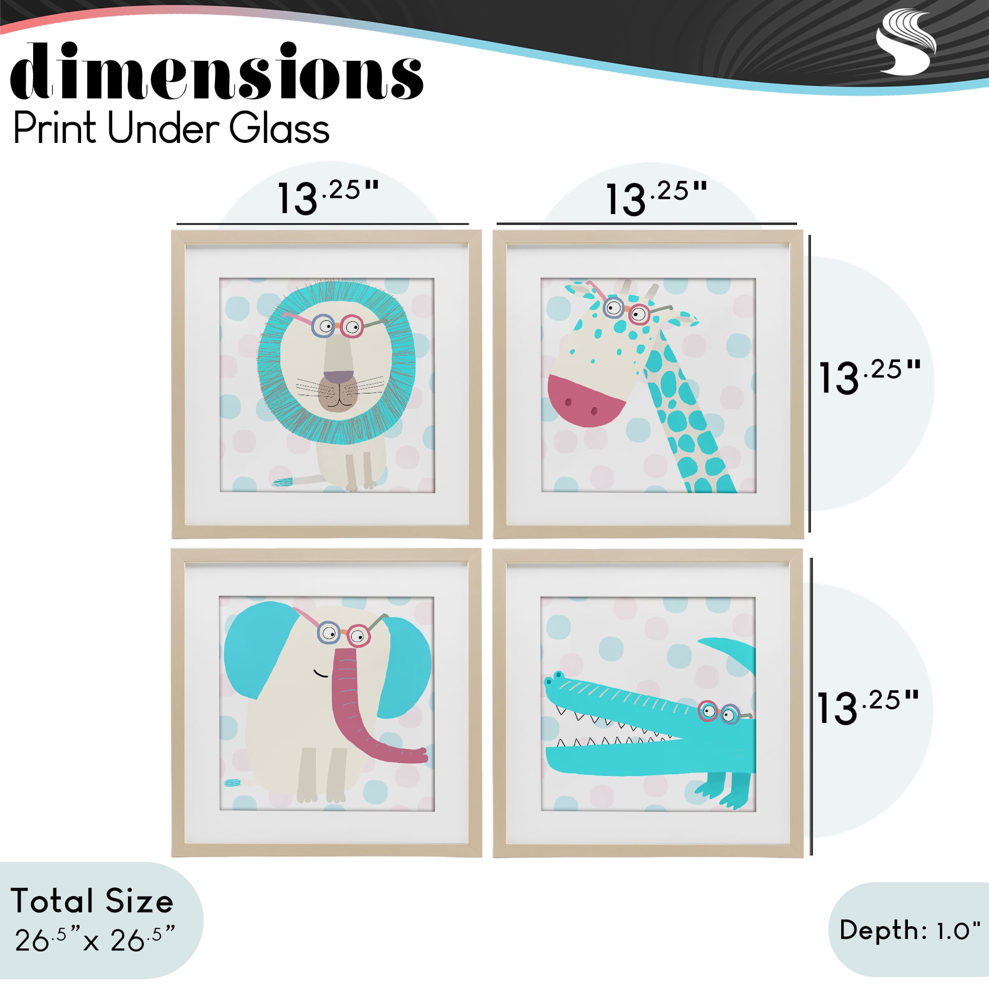 Stupell Industries Electric Blue Wild Animals 4 Piece Birch Framed Print Under Glass Set, design by Carla Daly